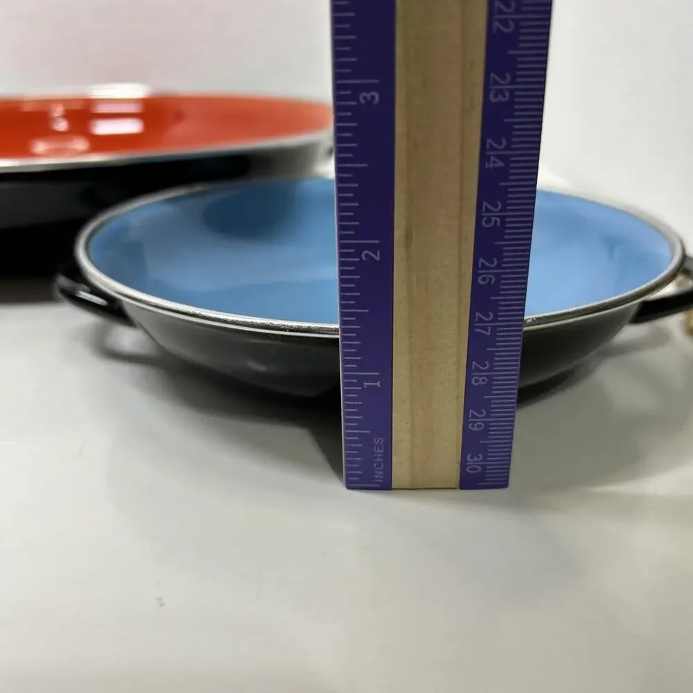 Vtg MCM Emo Celji Style Nesting Enamel Metal 2 Saute Pans Yugoslavia Blue Red